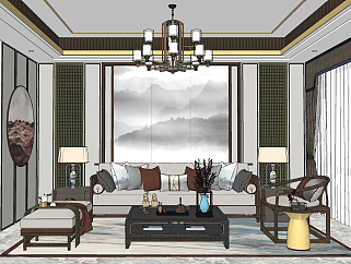 新中式风格家居客厅，沙发茶几单人椅子，沙发凳吊灯su草图模型下载
