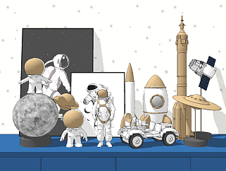 现代儿童房男孩房火箭，飞船宇航员，卫星饰品摆件su草图模型下载
