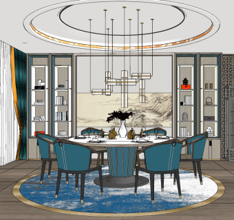 新中式圆形餐厅餐桌椅，书柜su草图模型下载