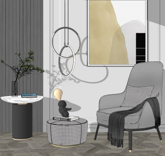 现代休闲椅边几单椅，小人雕塑su草图模型下载