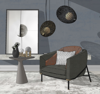 现代单椅休闲椅藤编，编织吊灯su草图模型下载