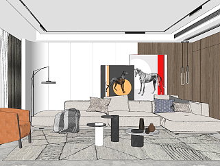 现代客厅，沙发转角沙发su草图模型下载
