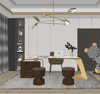 现代轻奢书房，书桌椅，公仔su草图模型下载