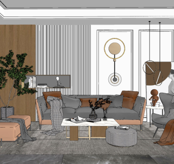 现代轻奢客厅沙发茶几植物盆栽，沙发凳su草图模型下载