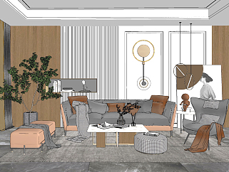 现代轻奢客厅沙发茶几植物盆栽，沙发凳su草图模型下载