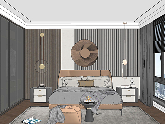 现代轻奢卧室双人床，床头柜su草图模型下载