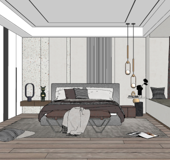 现代卧室双人床su草图模型下载