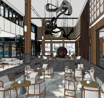 新中式酒店大堂su草图模型下载