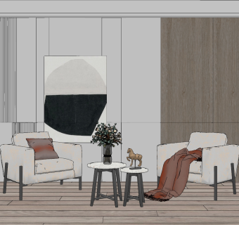 现代单人沙发休闲椅，圆形边几，花瓶