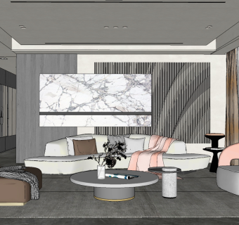 现代客厅，转角沙发单人沙发su草图模型下载