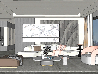 现代客厅，转角沙发单人沙发su草图模型下载