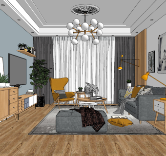 北欧现代沙客厅su草图模型下载