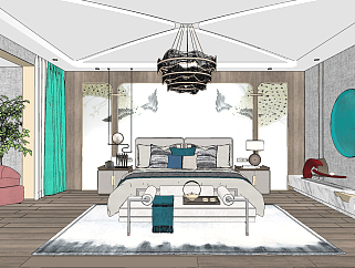 现代卧室<em>主人房</em>，双人床，床头柜su草图模型下载