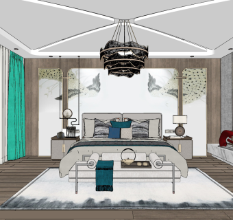 现代卧室主人房，双人床，床头柜su草图模型下载