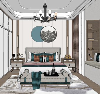 中式轻奢新中式卧室su草图模型下载