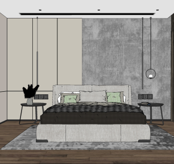 现代卧室，双人床