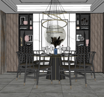 新中式餐厅餐桌椅酒柜su草图模型下载
