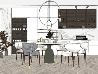 现代餐厅，餐桌椅su草图模型下载