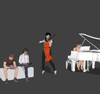 现代看书弹钢琴坐着人物su草图模型下载