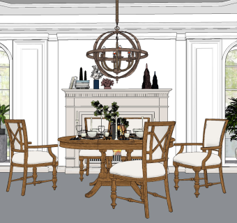 美式欧式餐厅su草图模型下载