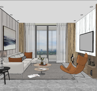 现代轻奢客厅su草图模型下载