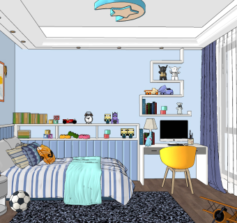 现代儿童房卧室su草图模型下载