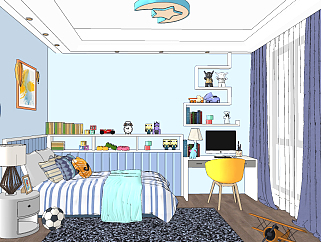 现代儿童房卧室su草图模型下载