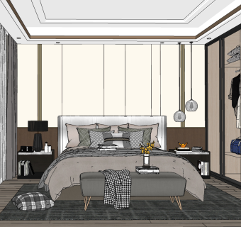 现代轻奢，简欧式卧室su草图模型下载