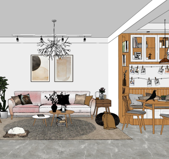 北欧现代客厅餐厅su草图模型下载