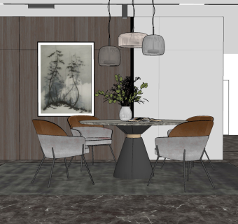 北欧现代圆形餐桌椅su草图模型下载