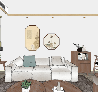 新中式风格客餐厅su草图模型下载