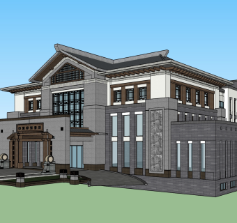03新中式别墅会所门头入口su草图模型下载