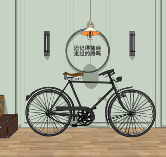 工业loft背景墙，皮箱，老式二八自行车