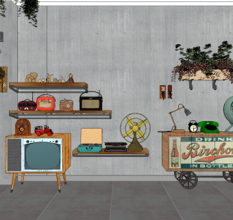 工业风loft复古，老式，电视机，摄像机su草图模型下载