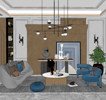 现代轻奢，后现代客厅su草图模型下载