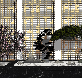 新中式景观小景su草图模型下载