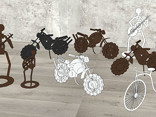 现代工业风金属小人，摩托车雕塑雕像su草图模型下载