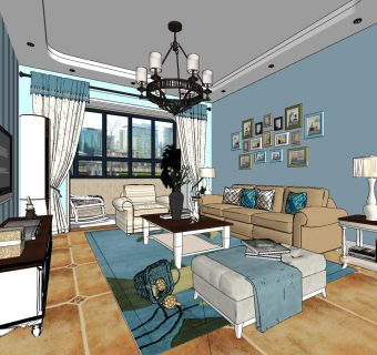 美式田园客餐厅su草图模型下载