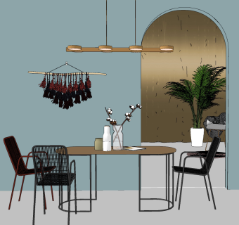 现代铁艺铁丝网餐桌椅子su草图模型下载