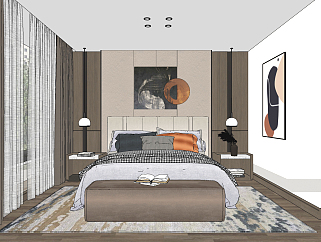 现代主卧室，双人床su草图模型下载