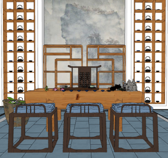 新中式茶桌椅组合su草图模型下载