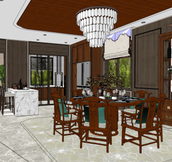 新中式餐厅su草图模型下载