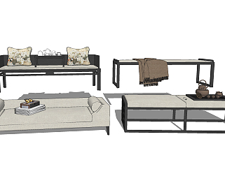 新中式罗汉床沙发，床尾<em>凳组合</em>su草图模型下载