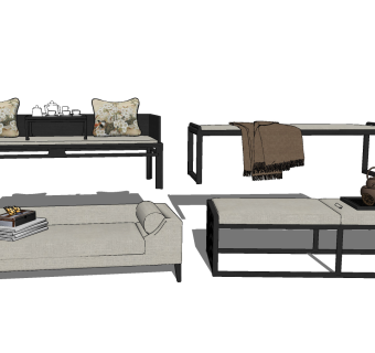 新中式罗汉床沙发，床尾凳组合su草图模型下载