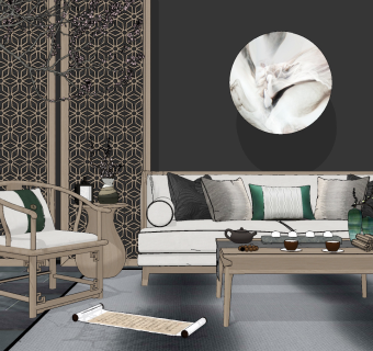 新中式沙发组合su草图模型下载