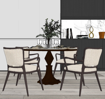 美式圆形餐桌椅组合su草图模型下载