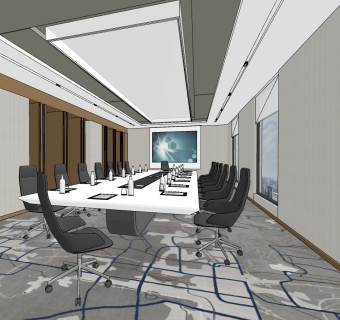 现代会议室，会议桌椅su草图模型下载