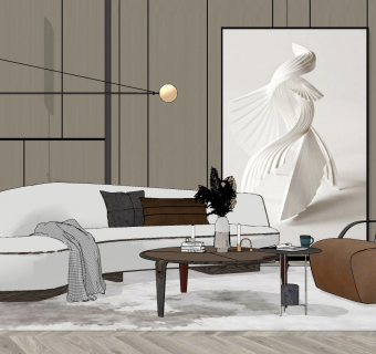 现代异形弧形沙发茶几，单人沙发组合su草图模型下载