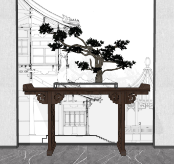 新中式玄关柜，端景台su草图模型下载