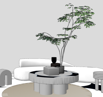 中式户外园艺石桌凳，弧形沙发su草图模型下载